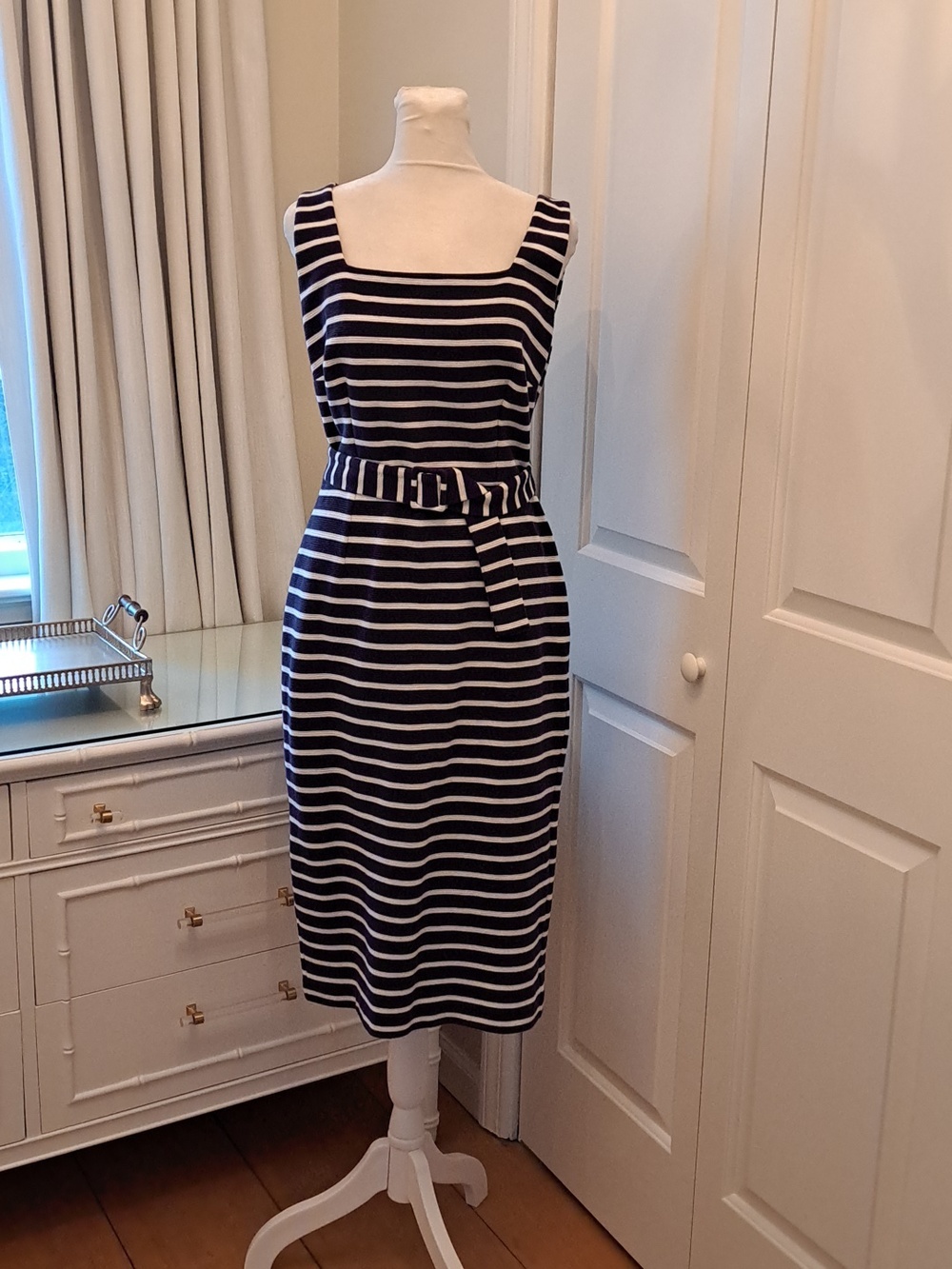 BODEN Womens Preppy/Summer/Party Navy/Cream‎ Striped Stretch Midi Dress 8